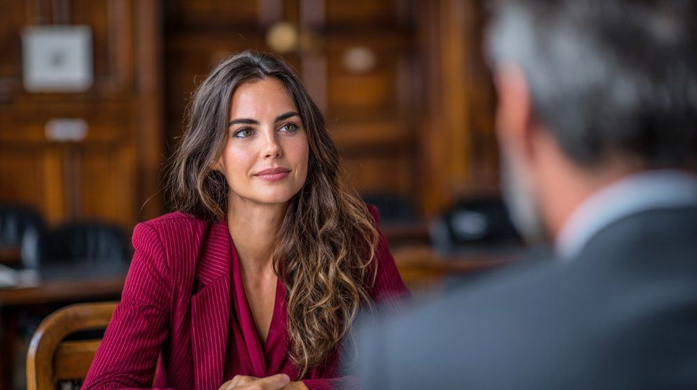 A legal aid attorney meeting with a client in a courtroom setting