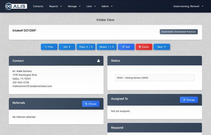 ALIS intake view showing a constituent record with contact details, status, and case assignment